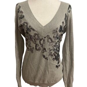 Y2K Express Large Fitted Vneck gray grey sequin sweater longline animal print
